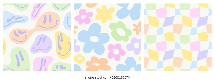 Set of retro vintage print illustration in trendy 90s art style. Soft pastel color seamless pattern collection with cute sticker decoration and trippy psychedelic cartoon. Social media post bundle.