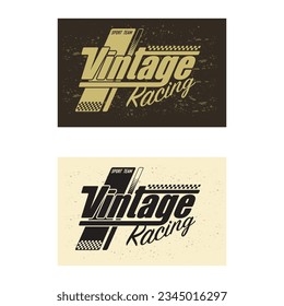 Set of retro vintage racing logo with tire track silhouettes and checkered flags