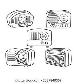 A set of retro vintage radio illustrations in detailed line art style. Perfect for nostalgic designs, music-themed projects, and digital content.