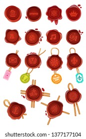 Set retro and vintage red wax seals stamps, with logos, icons, pictograms. Stamp wax for documents, letters, envelopes, certification protection, warranty and quality mark. Vector illustration.