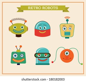Set of retro vintage robots heads. Vector Illustration