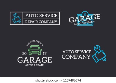 Set of retro vintage route map, automobile, wrench, screwdriver logo or insignia, emblems, labels and badges and other branding objects. Vector line style