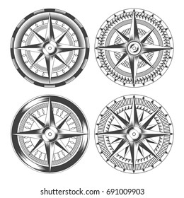 Set of retro vintage ship rose compass. Vector illustration.