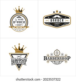 Set of Retro Vintage Style for Barber Shop Logo Design. With crown, moustache, and scissors icons in gold, black and white colors. Premium and Luxury Logo Template