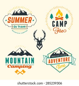 Set of Retro Vintage Summer Camping Badges. Mountain Adventures and Outdoor Activities