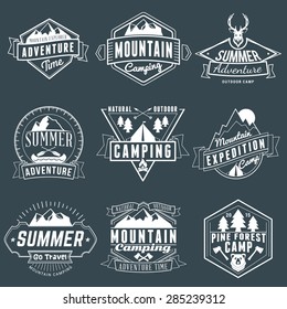 Set of Retro Vintage Summer Camping Badges. Mountain Adventures and Outdoor Activities