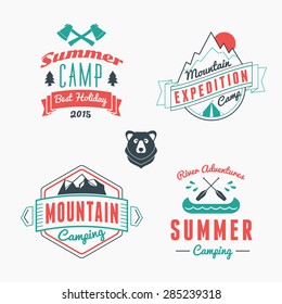 Set of Retro Vintage Summer Camping Badges. Mountain Adventures and Outdoor Activities