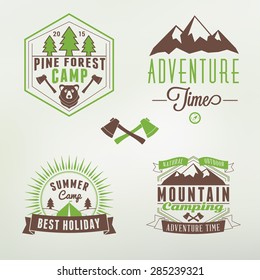 Set of Retro Vintage Summer Camping Badges. Mountain Adventures and Outdoor Activities