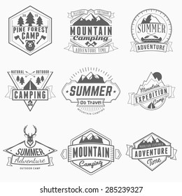 Set of Retro Vintage Summer Camping Badges. Mountain Adventures and Outdoor Activities