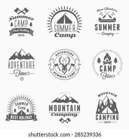 Set of Retro Vintage Summer Camping Badges. Mountain Adventures and Outdoor Activities