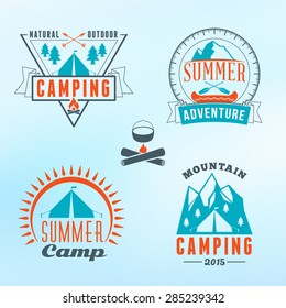 Set of Retro Vintage Summer Camping Badges. Mountain Adventures and Outdoor Activities