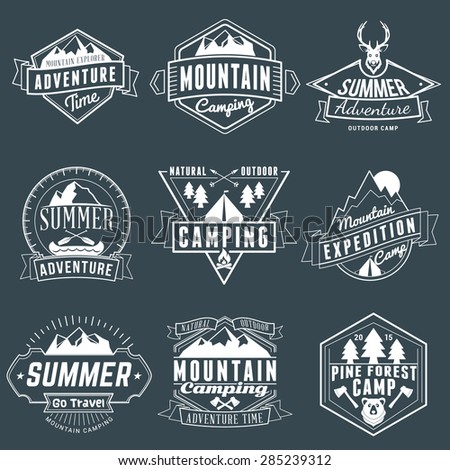 Set of Retro Vintage Summer Camping Badges. Mountain Adventures and Outdoor Activities