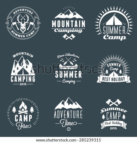 Set of Retro Vintage Summer Camping Badges. Mountain Adventures and Outdoor Activities