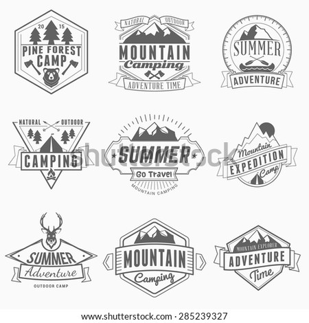 Set of Retro Vintage Summer Camping Badges. Mountain Adventures and Outdoor Activities