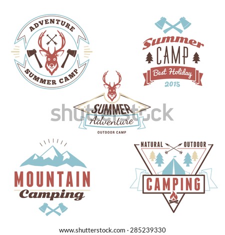 Set of Retro Vintage Summer Camping Badges. Mountain Adventures and Outdoor Activities