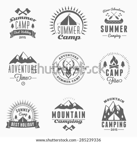 Set of Retro Vintage Summer Camping Badges. Mountain Adventures and Outdoor Activities