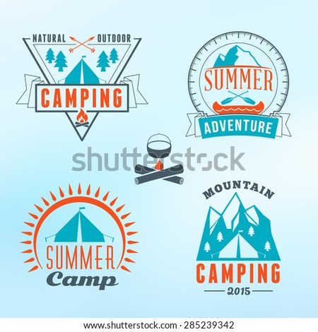 Set of Retro Vintage Summer Camping Badges. Mountain Adventures and Outdoor Activities