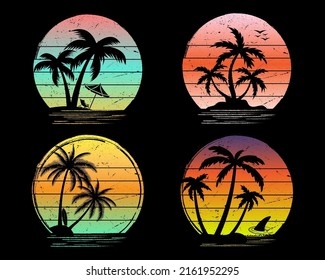 Set of Retro Vintage Sunset Beach with Tree