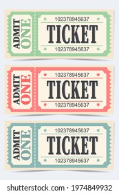 Set of retro vintage ticket templates. Template for movie entrance tickets and other events such as circus, movie theater, parties and concerts. Vector illustration isolated on white background.