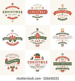 Set of Retro Vintage Typographic Merry Christmas and Happy New Year Badges. Vector Illustration in Retro Colors