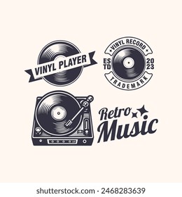 set retro vinyl music player record vintage badge logo vector illustration