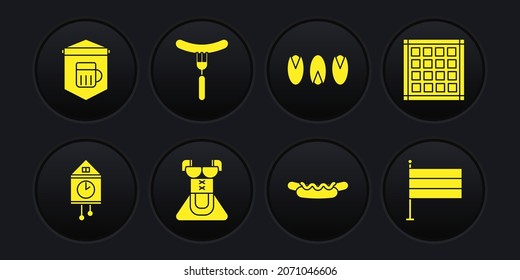 Set Retro wall watch, Checkered napkin, Costume for women dirndl, Hotdog sandwich, Pistachio nuts, Sausage on the fork, National Germany flag and Signboard with glass of beer icon. Vector