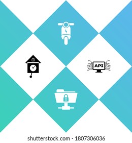Establece Retro wall watch, FTP folder and lock, Electric scooter y Computer api interface icon. Vector.