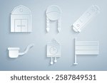 Set Retro wall watch, Harmonica, Smoking pipe, National Germany flag, Braid and Farm House icon. Vector