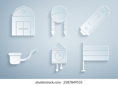 Set Retro wall watch, Harmonica, Smoking pipe, National Germany flag, Braid and Farm House icon. Vector