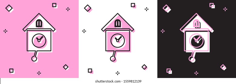 Set Retro wall watch icon isolated on pink and white, black background. Cuckoo clock sign. Antique pendulum clock.  Vector Illustration