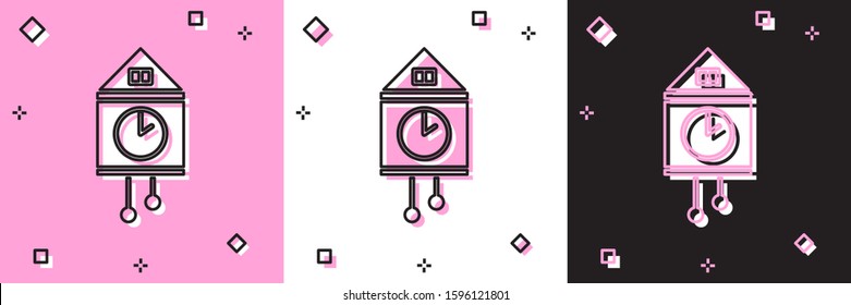 Set Retro wall watch icon isolated on pink and white, black background. Cuckoo clock sign. Antique pendulum clock.  Vector Illustration