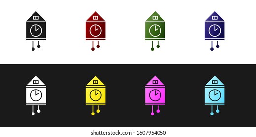 Set Retro wall watch icon isolated on black and white background. Cuckoo clock sign. Antique pendulum clock.  Vector Illustration