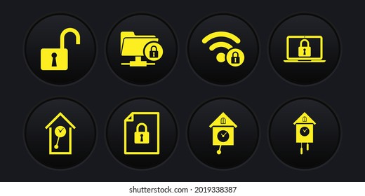 Set Retro wall watch, Laptop and lock, Document, , Wifi locked and FTP folder icon. Vector