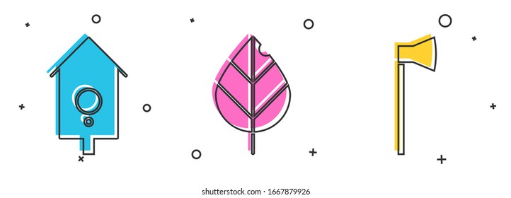 Set Retro wall watch, Leaf and Wooden axe icon. Vector