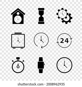 Set Retro wall watch, Old hourglass, Time Management, Stopwatch, Smartwatch, Clock, Alarm clock y icon. Vector