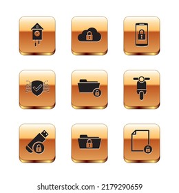 Set Retro-Wandwache, USB-Flash-Laufwerk mit Schloss, Ordner und, Cyber-Sicherheit und Smartphone-Symbol. Vektorgrafik