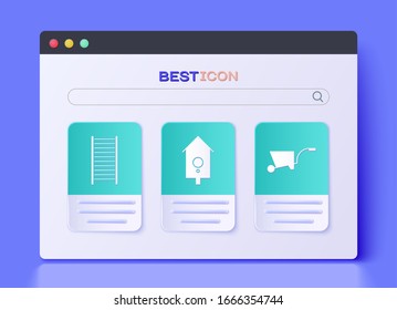 Set Retro wall watch, Wooden staircase and Wheelbarrow icon. Vector