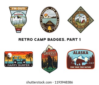 Set of retro Wanderlust Logos Emblems. Vintage hand drawn travel badges. Different camp, forest activities scenes . Included custom adventure quotes. Stock vector hike insignias isolated on white.