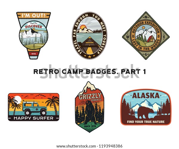 Set of retro Wanderlust Logos Emblems. Vintage\
hand drawn travel badges. Different camp, forest activities scenes\
. Included custom adventure quotes. Stock vector hike insignias\
isolated on white.