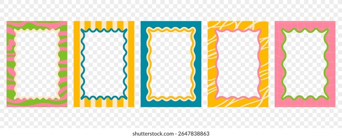 Set of retro wavy frames. Trendy borders with groovy patterns. Modern graphic template
