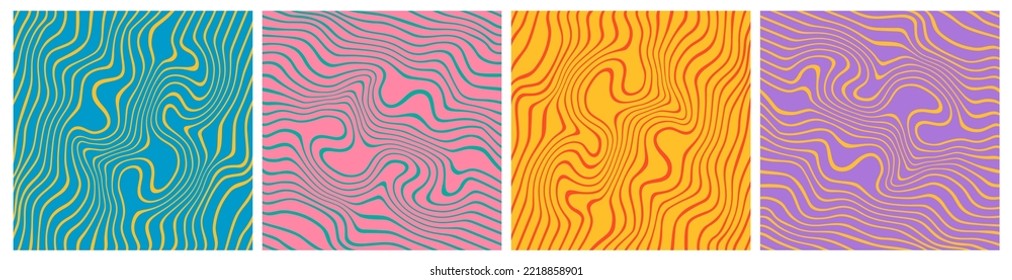 Set of Retro Wavy Seamless Trippy Patterns in Psychedelic Colors. Abstract Vector Swirl Backgrounds. 1970 Groovy Aesthetic Textures with Flowing Waves