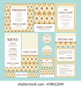 Set of retro wedding cards with 1960s decor style, vector illustration