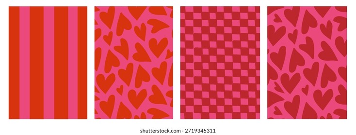 Conjunto de fondos retro caprichoso patrón de San Valentín con rayas audaces, corazones y Formas a cuadros en rosa y rojo. Texturas gráficas decorativas para invitaciones de fiesta, papelería. Ilustración vectorial