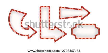 Set of retro white and red illuminated marquee arrows and signs with light bulbs for show business advertisement