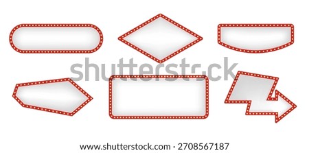 Set of retro white and red illuminated marquee arrows and signs with light bulbs for show business advertisement