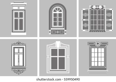 Set of retro windows of different designs isolated on gray background