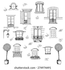 Set of retro windows isolated on white background. Hand drawing illustration