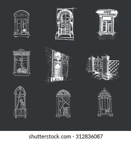 Set retro windows on black background. Hand drawing illustration.