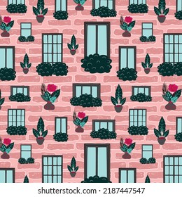 Set of retro windows and plant pots on pink brick wall background. Hand drawing illustration. Vector pattern with windows and plants for fabric design, wallpapers, wrapping papers and website backdrop