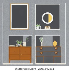 Set of retro wooden cabinets with houseplants. Mid-century modern furniture. Scandinavian interior design. Warm hygge aesthetics. Flat cartoon hand-drawn style, isolated on white background